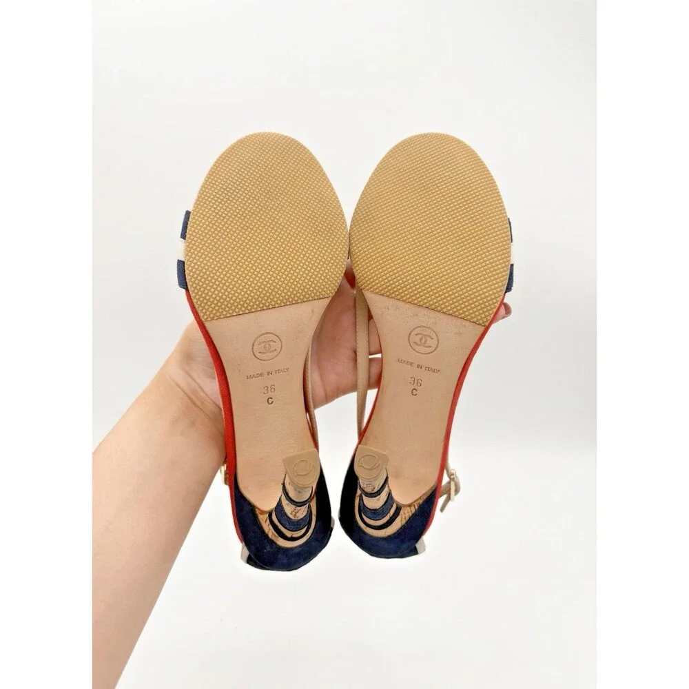 Chanel Navy & Red Suede & Cork Striped Sandals CC Logo Heel Nautical Size EU 36
